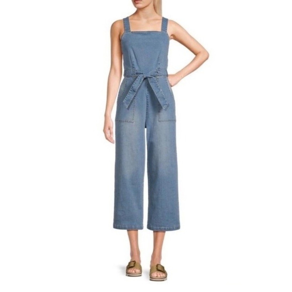 Copper Key Jumpsuit S Blue Denim Sleeveless Wide Leg Belted Square Neck NWT